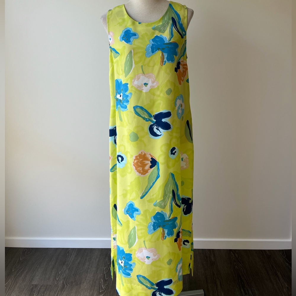 Woman’s dress straight sleeveless yellow green colour floral pattern handmade - Picture 1 of 4